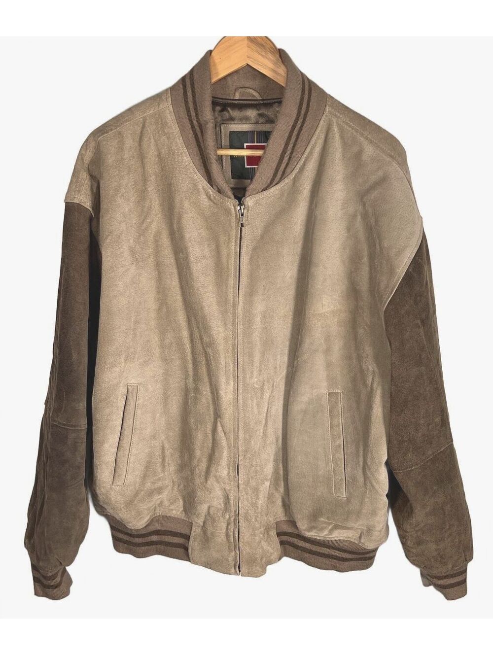 Vintage William Barry Suede Leather Bomber Jacket Two Tone Brown Beige XL 90s